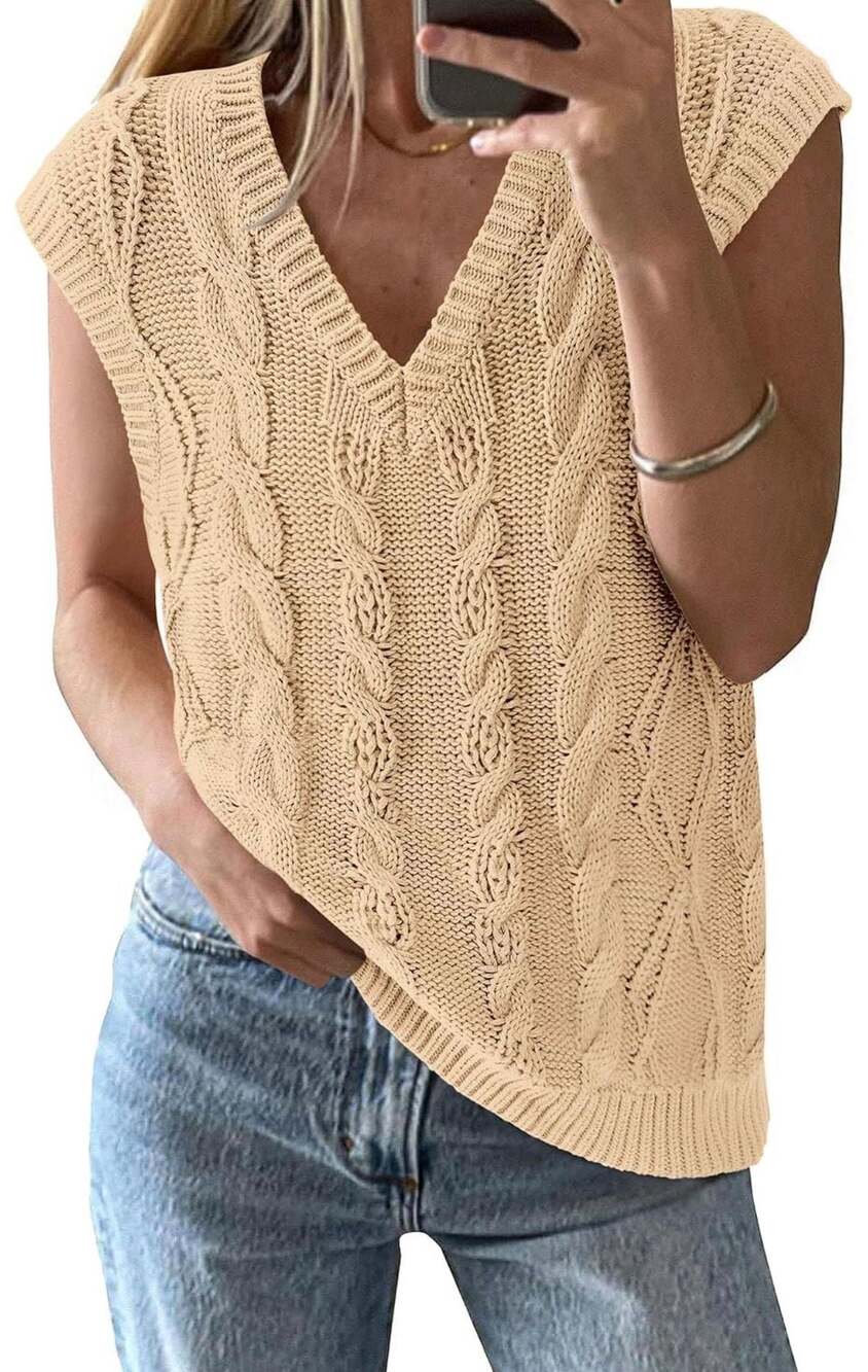 BTFBM Women's V-Neck Sleeveless Cable Knit Sweater Vest